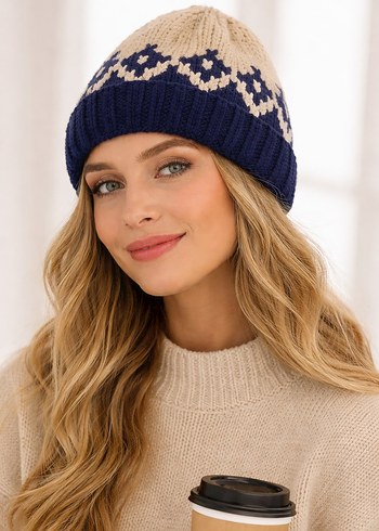 Kadın Örgü Bere Beyaz Lacivert - Görsel 2