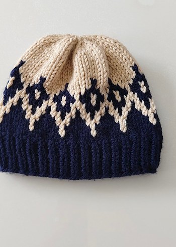 Kadın Örgü Bere Beyaz Lacivert - Görsel 3