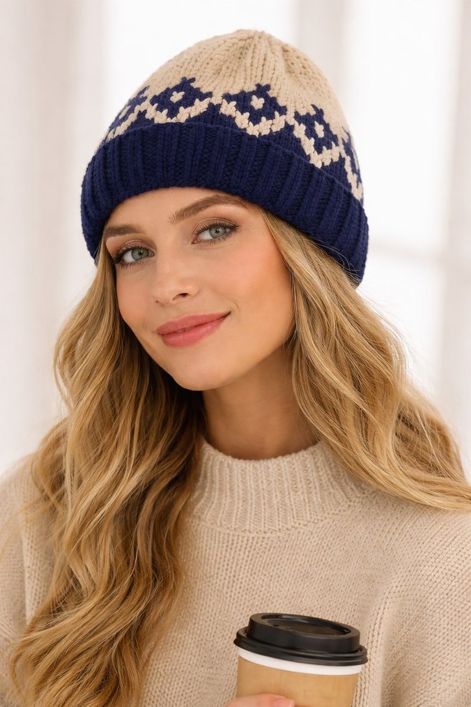 Kadın Örgü Bere Beyaz Lacivert - Görsel 2