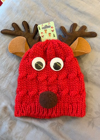 Kırmızı Örgü Geyik Figürlü Bere - Görsel 3