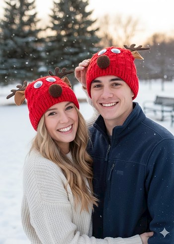 Kırmızı Örgü Geyik Figürlü Bere - Görsel 2