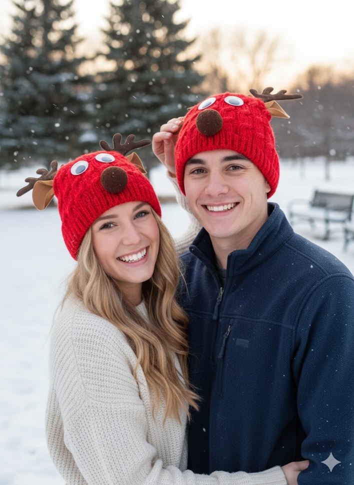 Kırmızı Örgü Geyik Figürlü Bere - Görsel 2