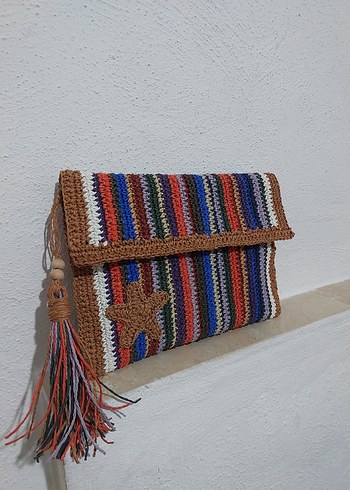 Zara Püsküllü Çok Renkli Bohem Örgü Portföy Çanta