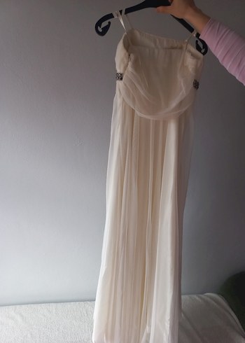 Beyaz Uzun Drapeli Straplez Abiye Elbise - Görsel 2