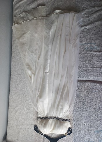 Beyaz Uzun Drapeli Straplez Abiye Elbise - Görsel 3