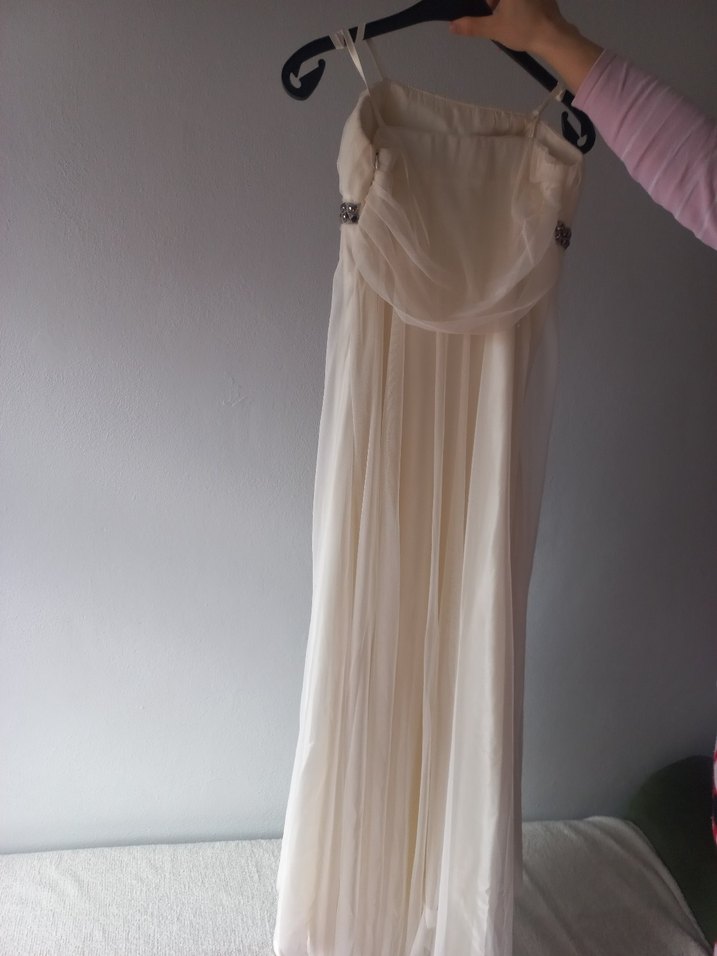 Beyaz Uzun Drapeli Straplez Abiye Elbise - Görsel 2