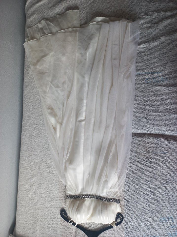 Beyaz Uzun Drapeli Straplez Abiye Elbise - Görsel 3