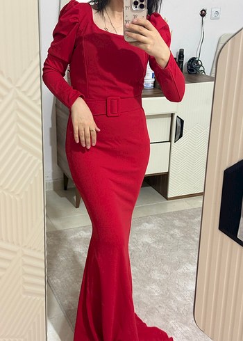 Kemerli Kırmızı Midi Elbise - Görsel 6