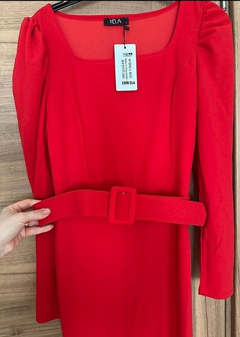 Kemerli Kırmızı Midi Elbise - Görsel 2