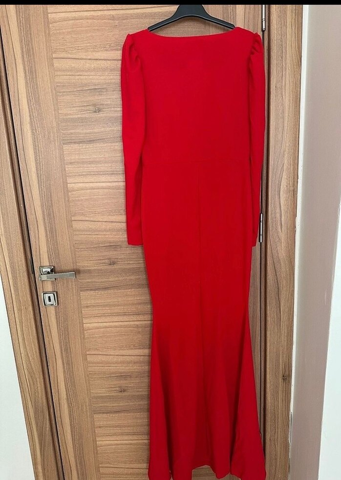 Kemerli Kırmızı Midi Elbise - Görsel 3