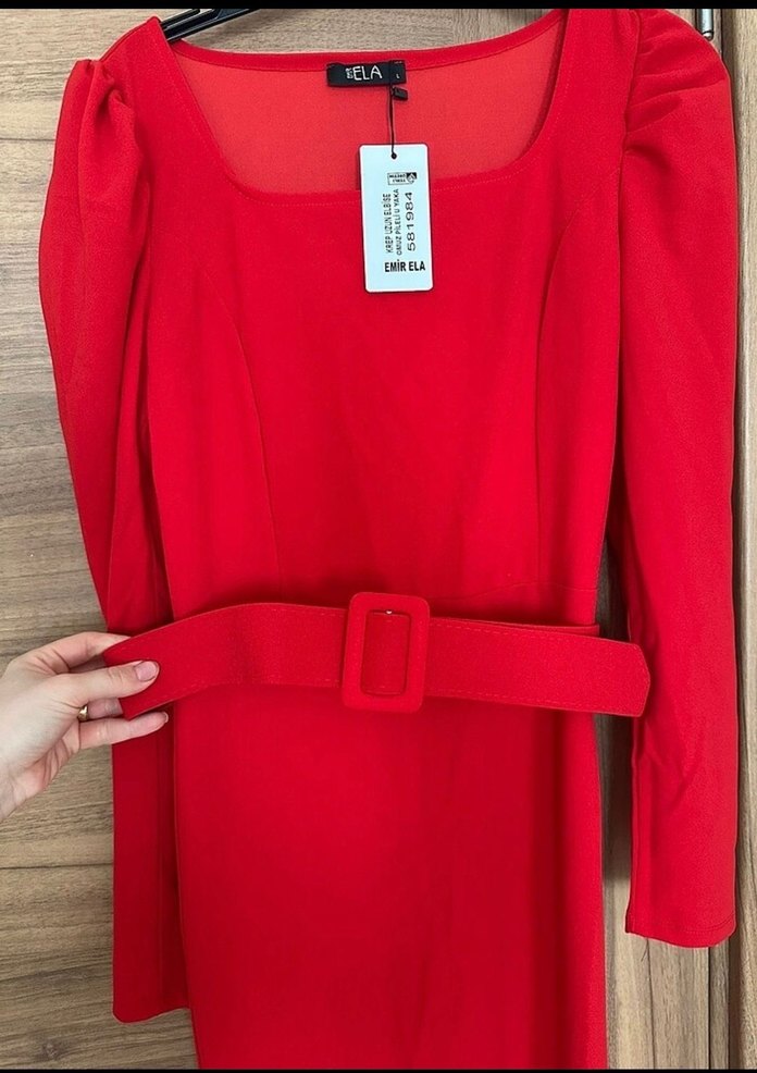 Kemerli Kırmızı Midi Elbise - Görsel 2