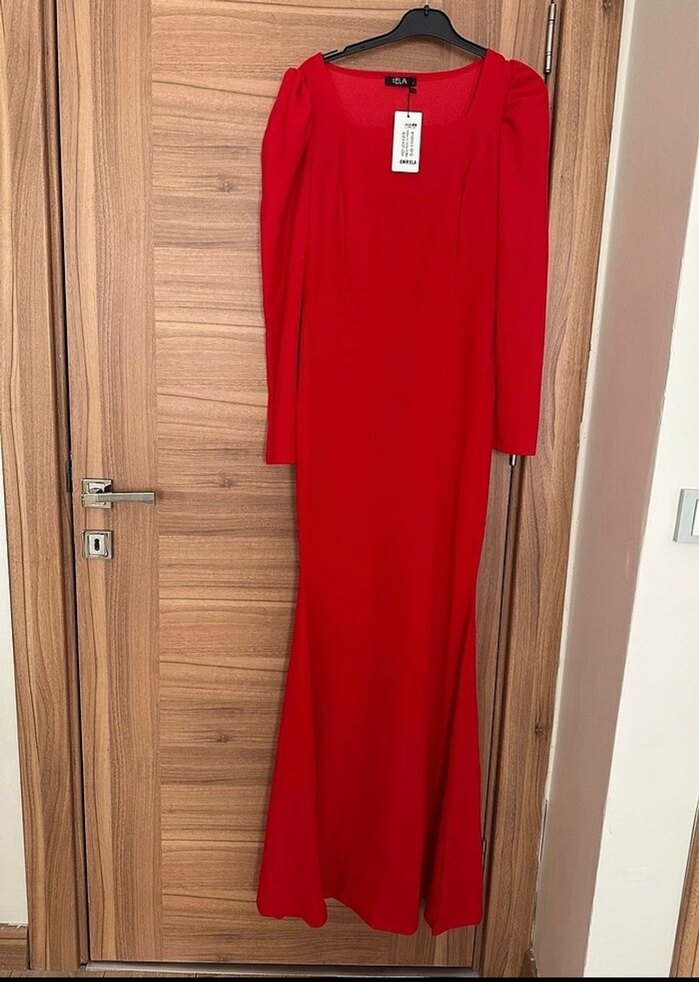 Kemerli Kırmızı Midi Elbise - Görsel 4