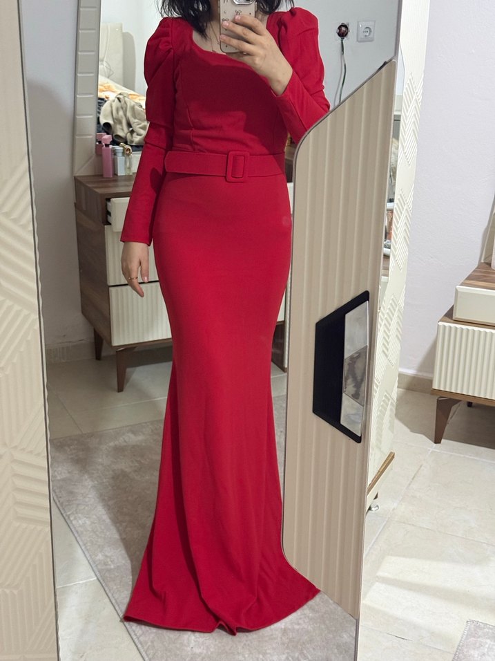 Kemerli Kırmızı Midi Elbise - Görsel 5