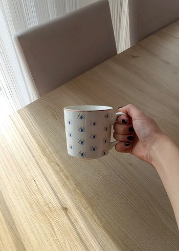 Beyaz Nazar Boncuklu Seramik Kupa - Görsel 3