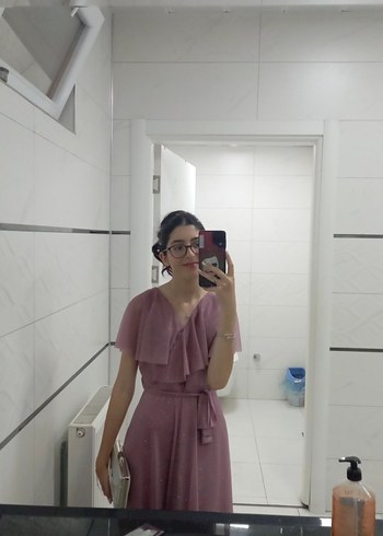 Abiye Toz Pembe Simli Elbise - Görsel 3