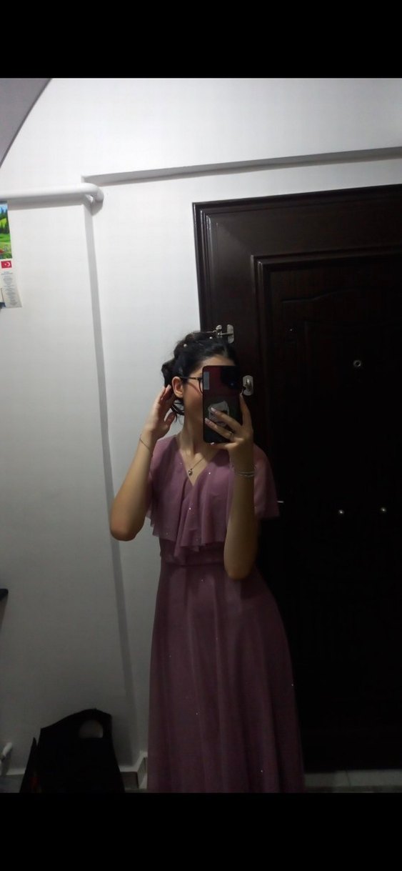 Abiye Toz Pembe Simli Elbise - Görsel 2