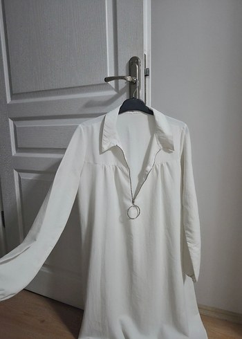 Beyaz Uzun Kollu Keten Midi Gömlek - Görsel 2