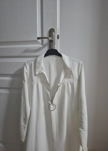 Beyaz Uzun Kollu Keten Midi Gömlek - Görsel 3