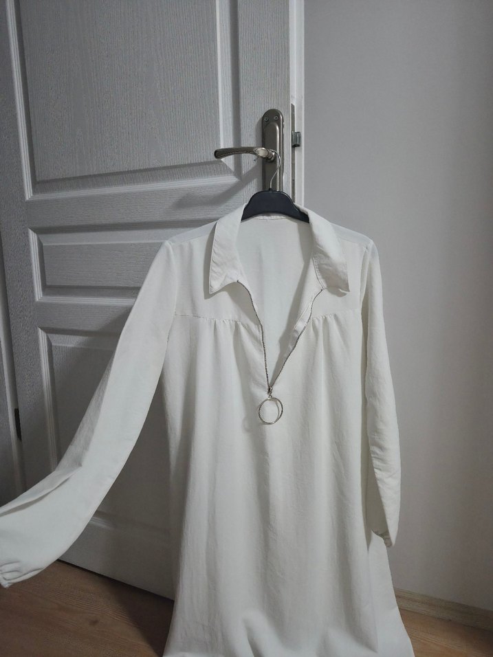 Beyaz Uzun Kollu Keten Midi Gömlek - Görsel 2