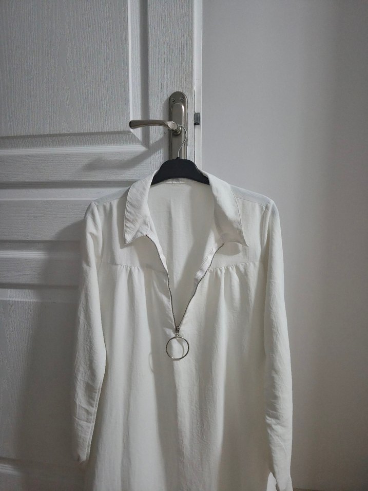 Beyaz Uzun Kollu Keten Midi Gömlek - Görsel 3