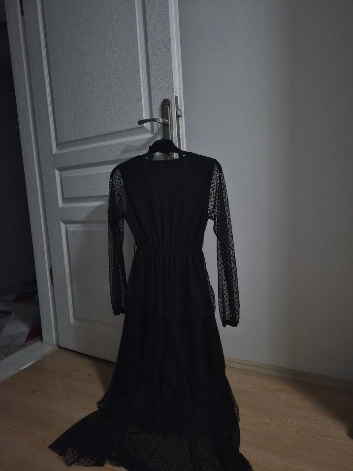 Siyah V Yaka Uzun Kollu Gotik Elbise - Görsel 4