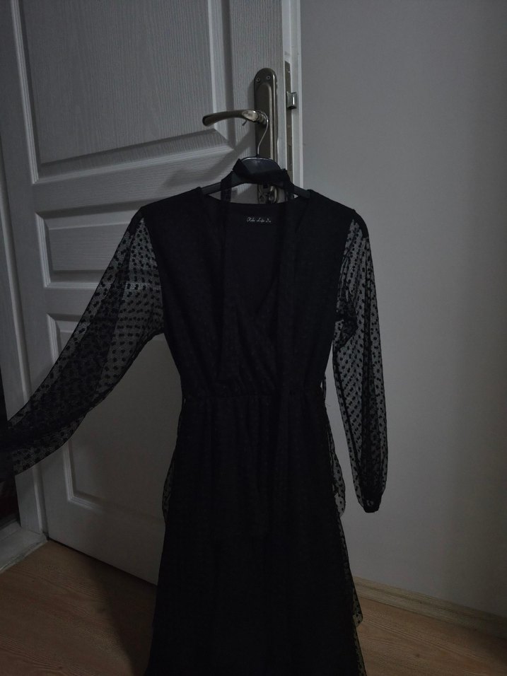 Siyah V Yaka Uzun Kollu Gotik Elbise - Görsel 2