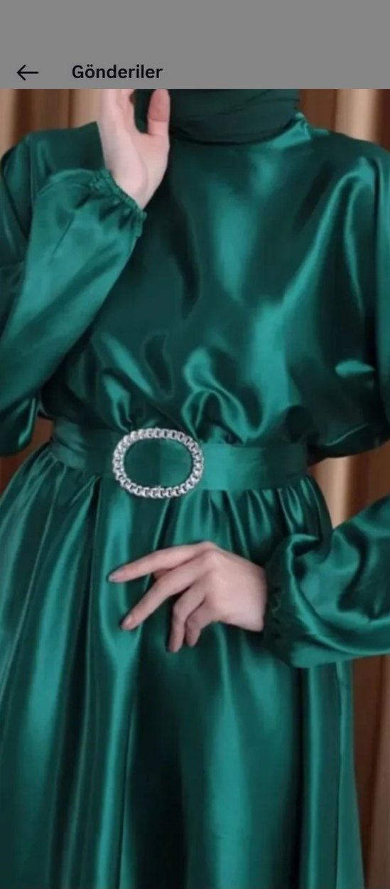 Kadın Parlak Yeşil Uzun Kollu Abiye Elbise - Görsel 2