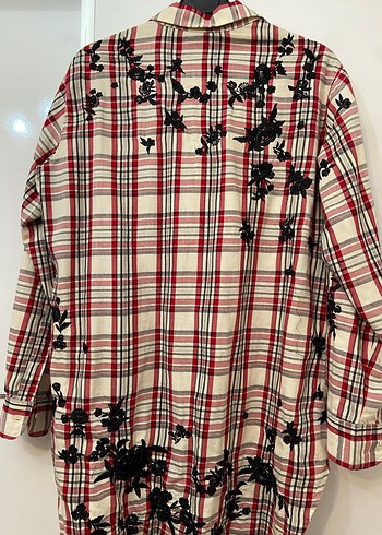 Uzun Kollu Nakışlı Ekose Kadın Gömlek - Görsel 4