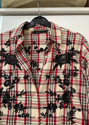 Uzun Kollu Nakışlı Ekose Kadın Gömlek - Görsel 2