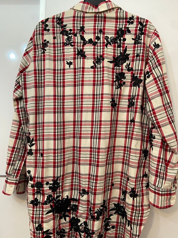 Uzun Kollu Nakışlı Ekose Kadın Gömlek - Görsel 4