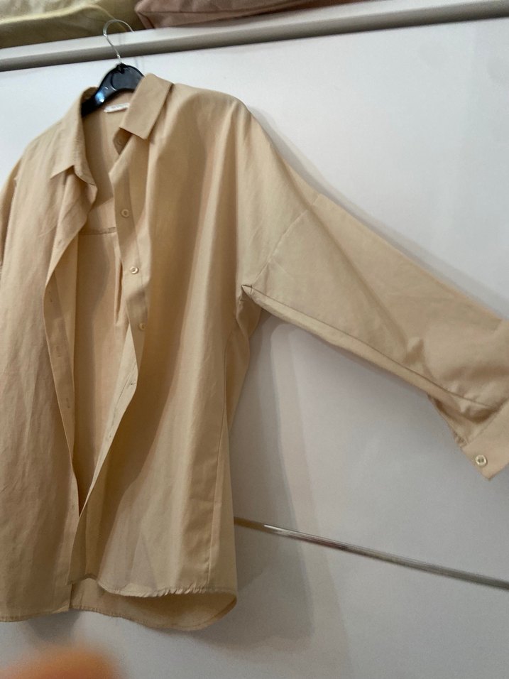 Bej Kadın Keten Düğmeli Gömlek - Görsel 2