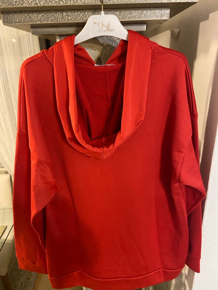 Koyu Kırmızı Kapüşonlu Oversize Sweatshirt - Görsel 2