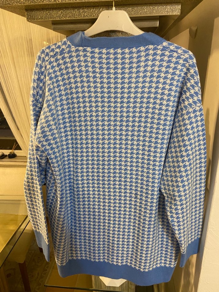 Mavi V Yakalı Örgü Kadın Hırka - Görsel 2