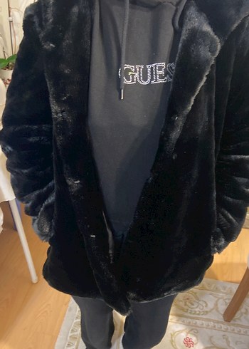 Siyah Uzun Kollu Siyah Kadın Peluş Kürk - Görsel 5