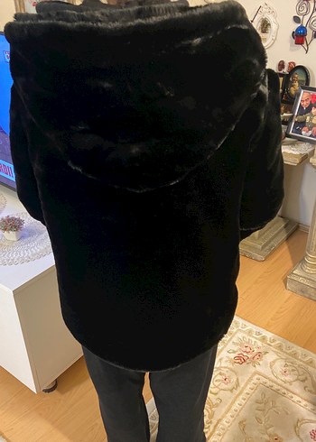 Siyah Uzun Kollu Siyah Kadın Peluş Kürk - Görsel 4