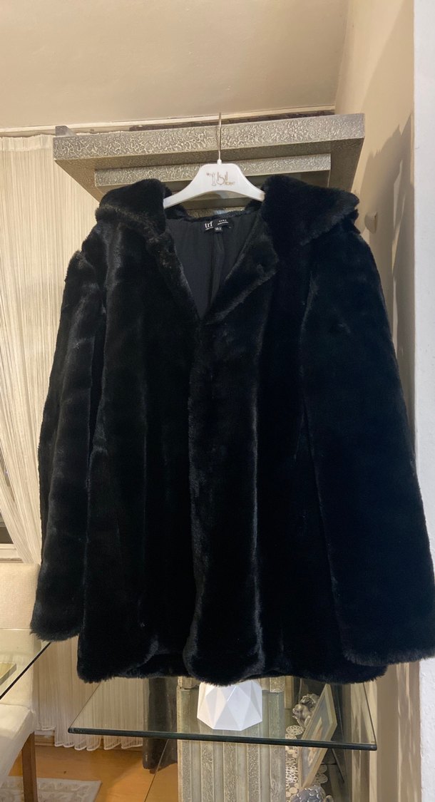 Siyah Uzun Kollu Siyah Kadın Peluş Kürk - Görsel 2