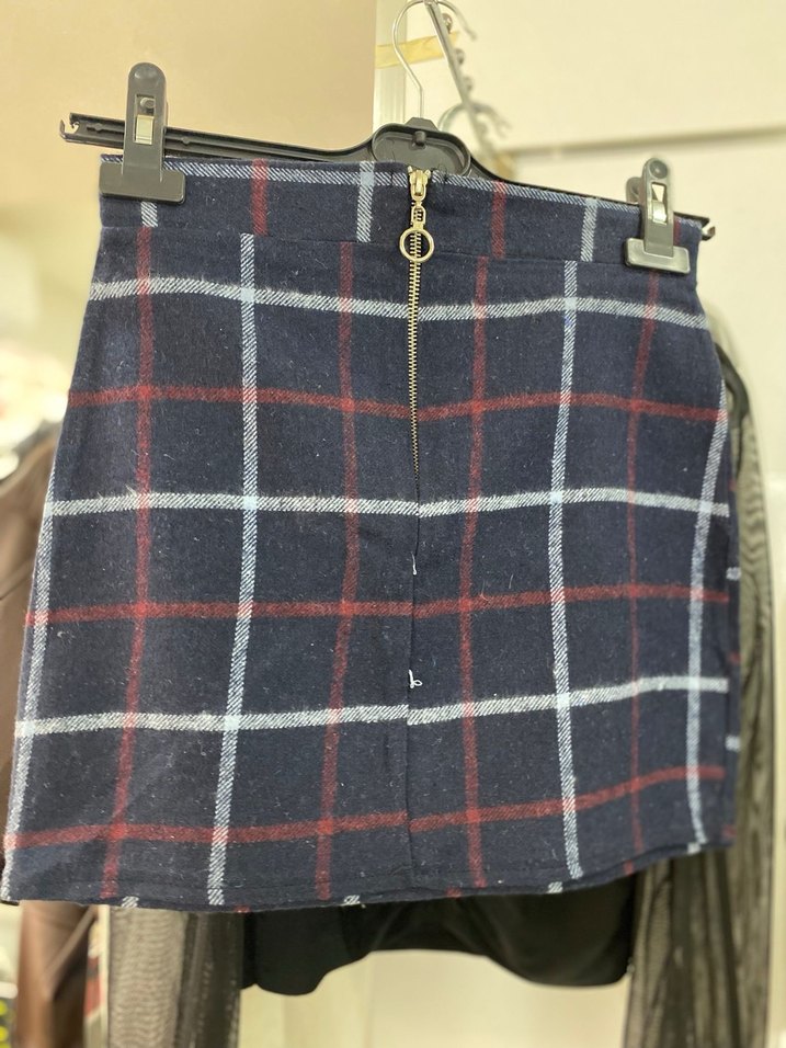 Fermuarlı Koyu Mavi Ekose Midi Etek - Görsel 2