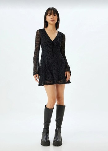 Kadın Siyah Dantel Mini Gotik Elbise - Görsel 3