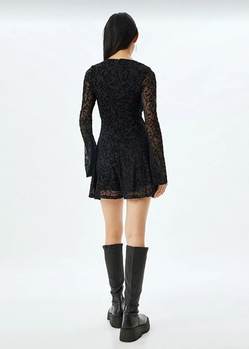 Kadın Siyah Dantel Mini Gotik Elbise - Görsel 4