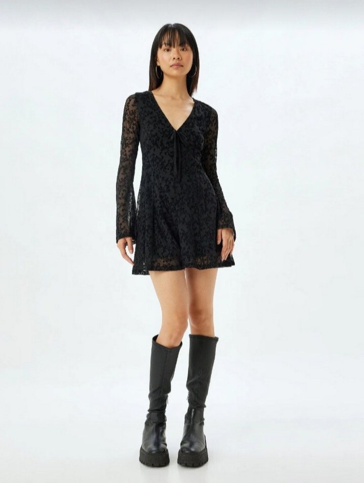 Kadın Siyah Dantel Mini Gotik Elbise - Görsel 3