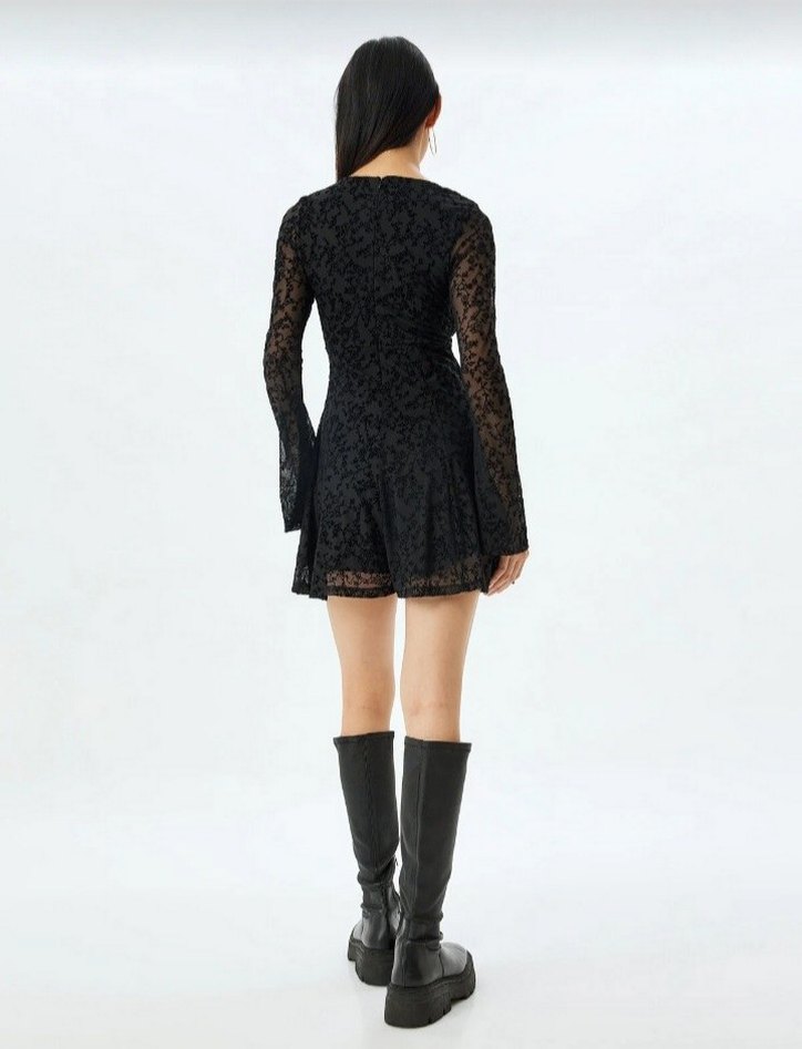 Kadın Siyah Dantel Mini Gotik Elbise - Görsel 4