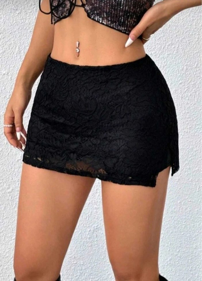Dantel Detaylı Siyah Mini Etek - Görsel 5