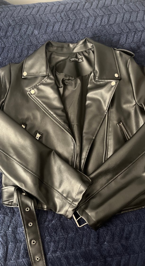 Siyah Parlak Biker Deri Kadın Ceket - Görsel 3