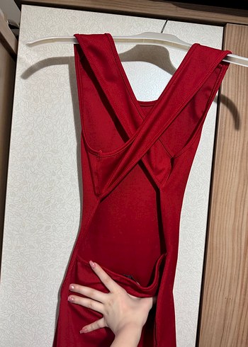 Kırmızı Arkası Çapraz Model Fitilli Mini Elbise - Görsel 2