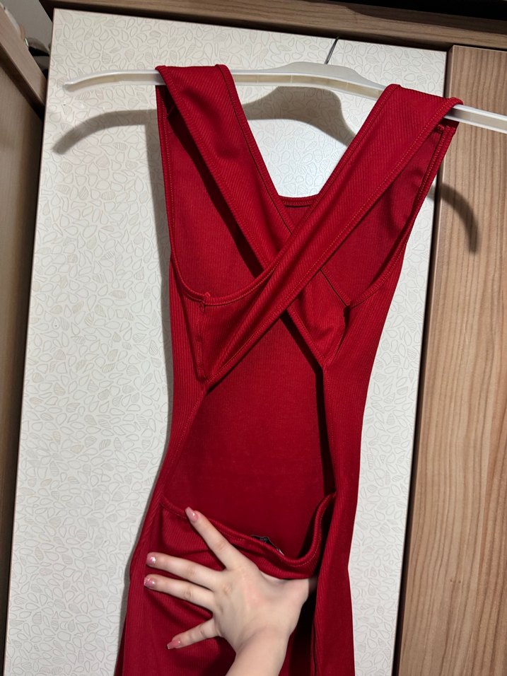 Kırmızı Arkası Çapraz Model Fitilli Mini Elbise - Görsel 2