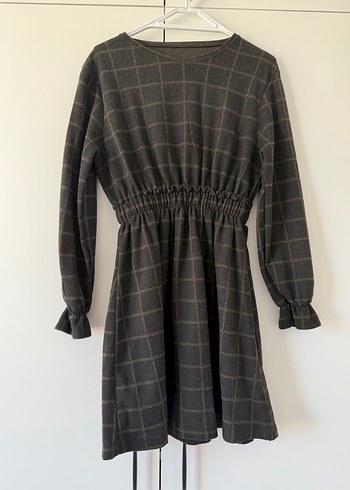 Haki Ekose Desenli Uzun Kollu Midi Elbise - Görsel 2