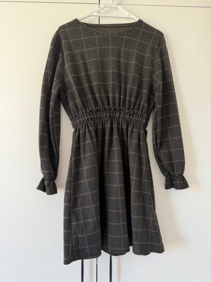 Haki Ekose Desenli Uzun Kollu Midi Elbise - Görsel 2