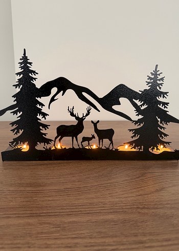 Dağ ve Geyik Figürlü Metal Mumluk - Görsel 3