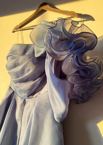 Uzun Drapeli Straplez Mavi Abiye Elbise - Görsel 3