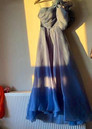 Uzun Drapeli Straplez Mavi Abiye Elbise - Görsel 2